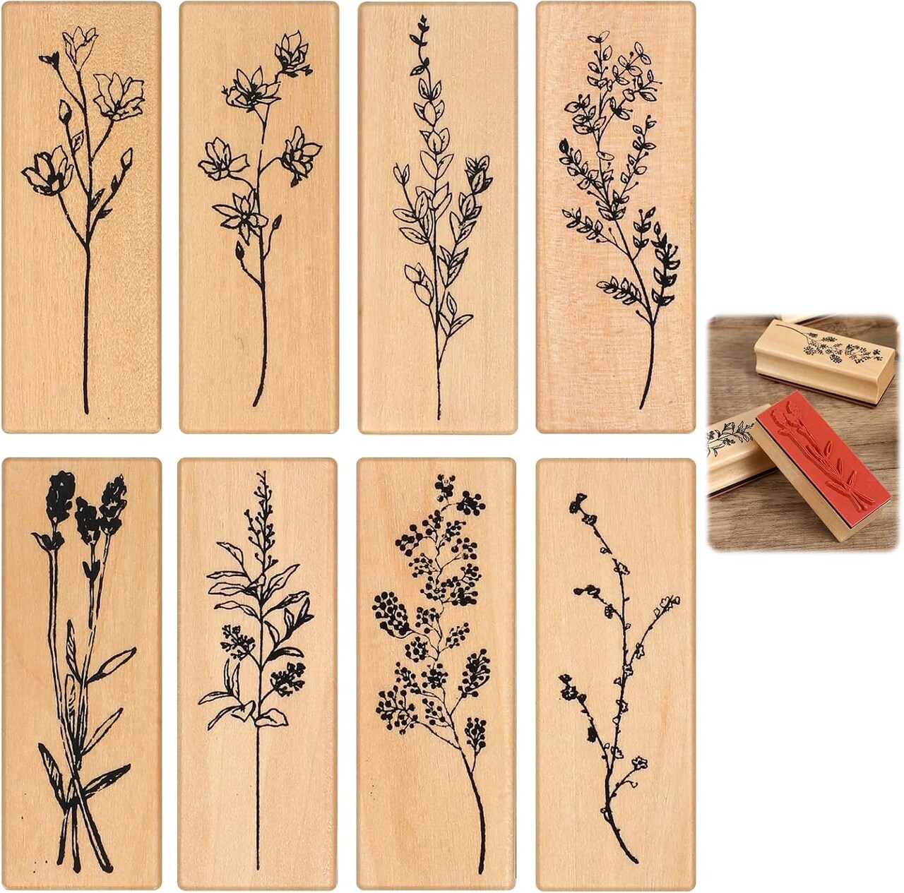 Flower and Plant Shape Wooden Rubber Stamps, 8Pcs Vintage Mounted Stamps 2.6x1x0.8 Inch Decorative Rubber Stamps